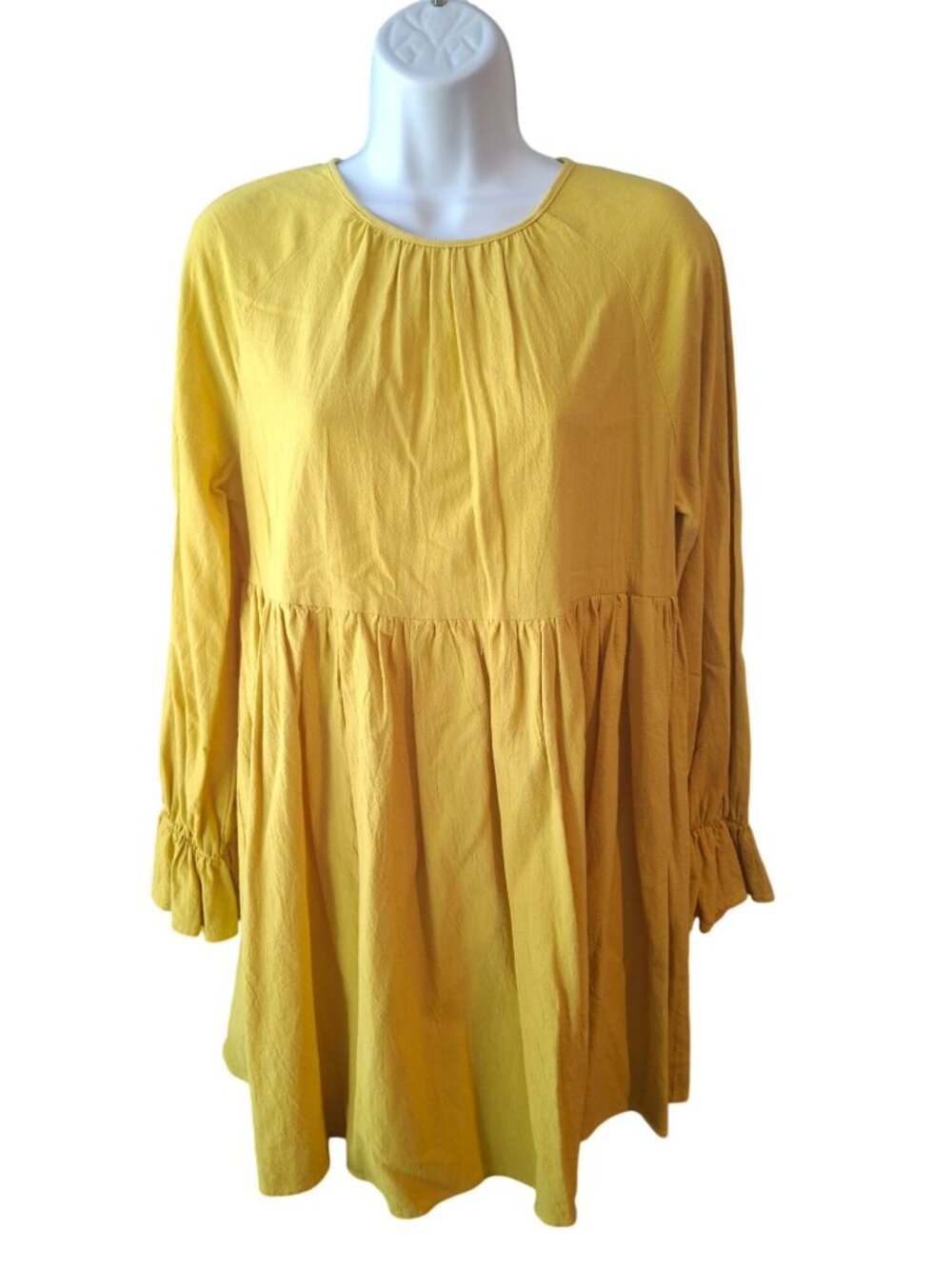 SHEIN Womens S Mustard Yellow Cotton Babydoll Dress Cottagecore Boho Prairie Min